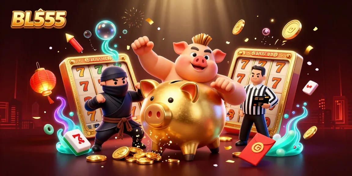 Experience exciting wins at BL555 with a dynamic casino showdown scene featuring vibrant characters and elements.