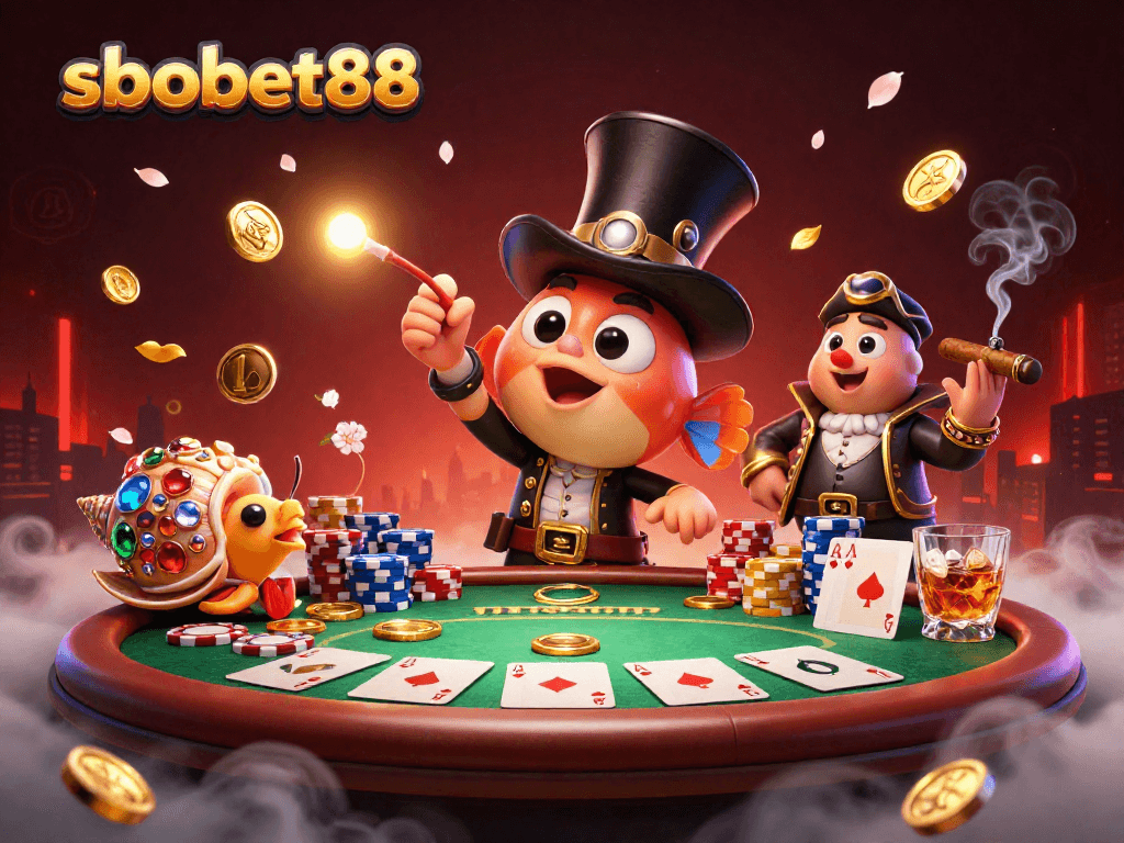 SBOBET88 sports betting scene featuring a deep-sea anglerfish, pirate shrimp, and gem snail among poker chips and cards
