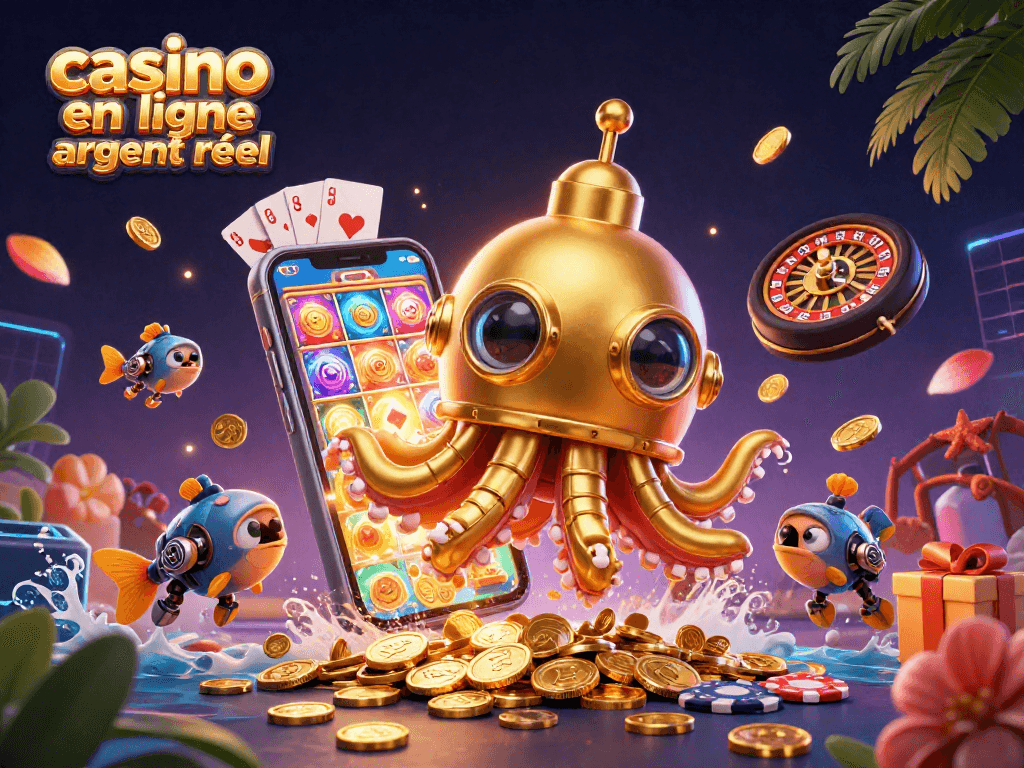 Profitez d'une illustration de casino en ligne argent réel avec un kraken doré et des jeux de machines à sous animées.