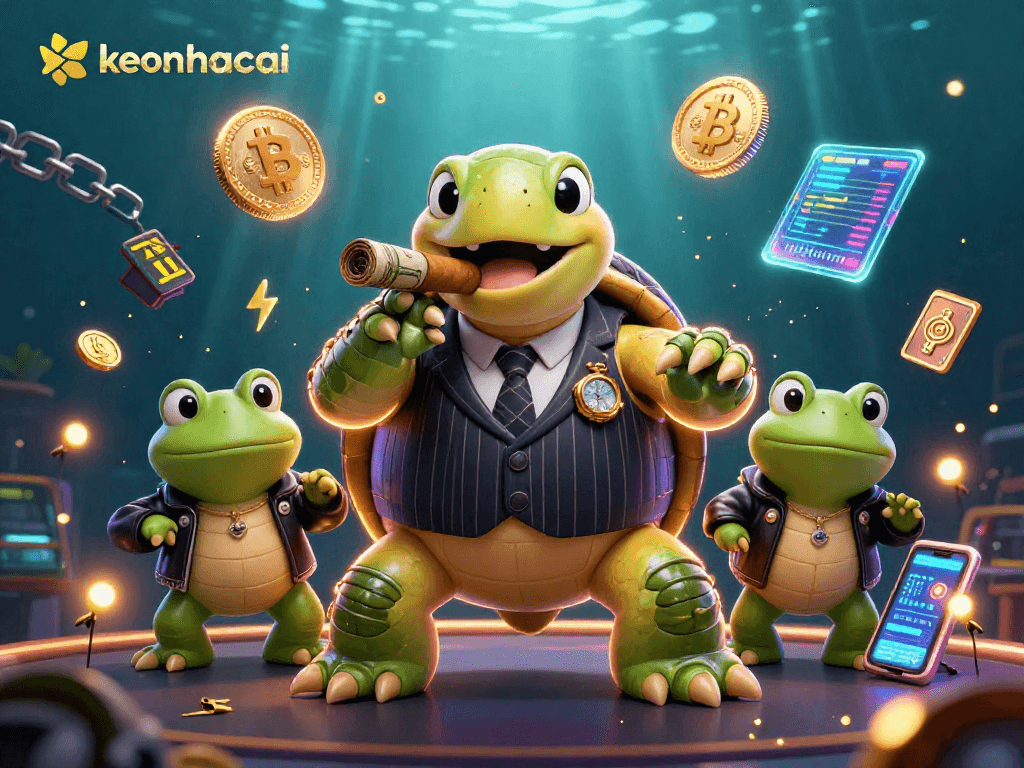 Engage with keonhacai's immersive crypto casino world featuring a turtle mobster and frog enforcers.