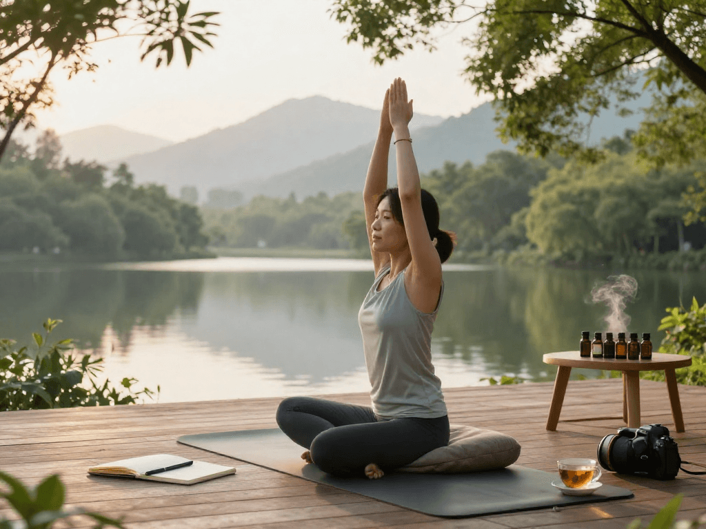 Practicing yoga outdoors at sunrise, mantra88 for personal growth.