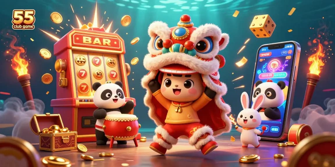 Engage with the excitement of the 55 club game featuring a dynamic lion dance with a jackpot theme and vibrant characters.