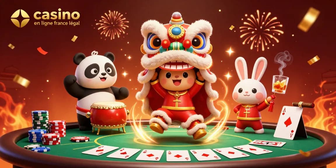 Joue à casino en ligne France légal : lion dansant et panda jouant du tambour au milieu d'une scène festive.