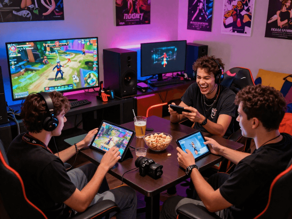 Players enjoying immersive sex games in a vibrant gaming lounge atmosphere, showcasing various devices and interactive experiences.