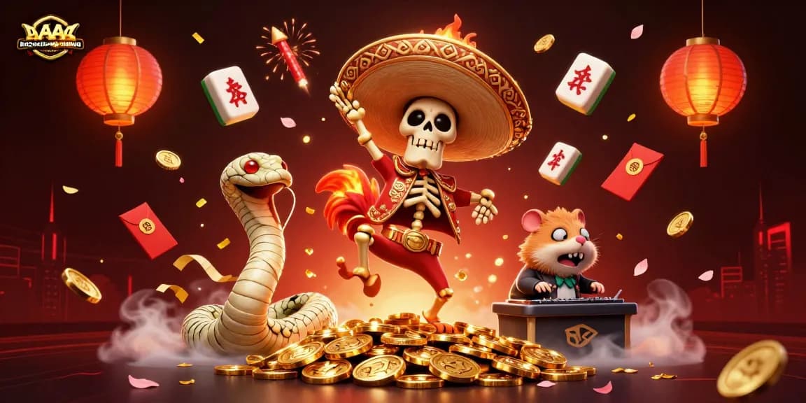Baccarat-gambling-online showcases a vibrant 3D scene with a dancing rooster and a DJ hamster celebrating gaming wins.