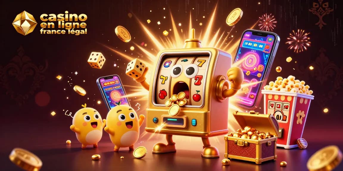 Illustration d'un casino en ligne légal en France avec des machines à sous et des pièces qui tombent.
