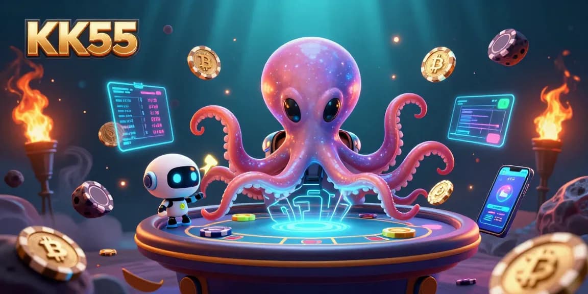 Engage in thrilling games at KK55 with a cosmic octopus and neon poker elements!