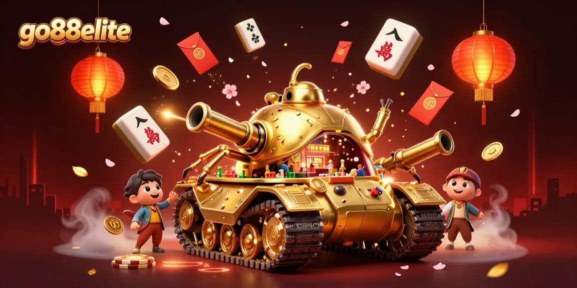 Experience the vibrancy of go88elite with a miniature casino within a golden tank, complete with dynamic gaming elements.