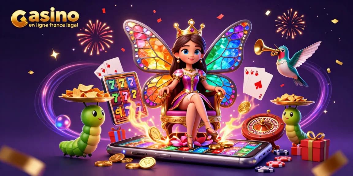 Illustration vibrant d'une reine papillon assise sur un trône, symbole du casino en ligne France légal.