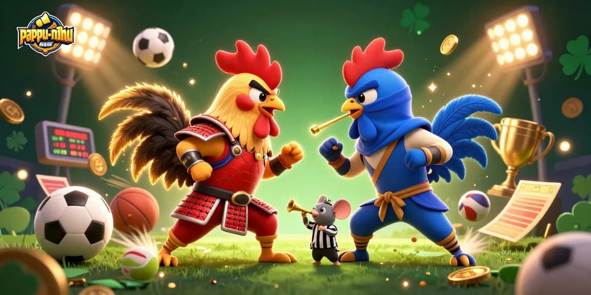 Pappu-nohu game features a dramatic rooster duel in a dynamic online casino scene.