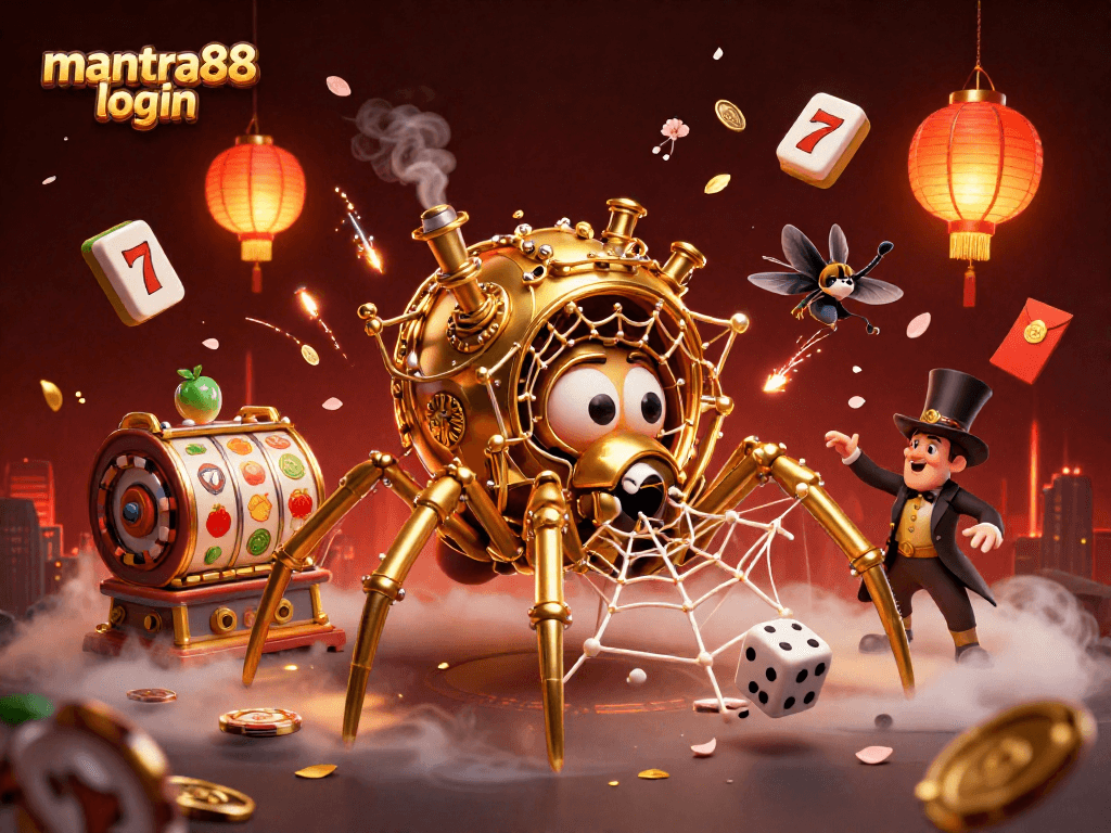 Catch the excitement of mantra88 login with a vibrant 3D steampunk casino scene full of gaming elements.