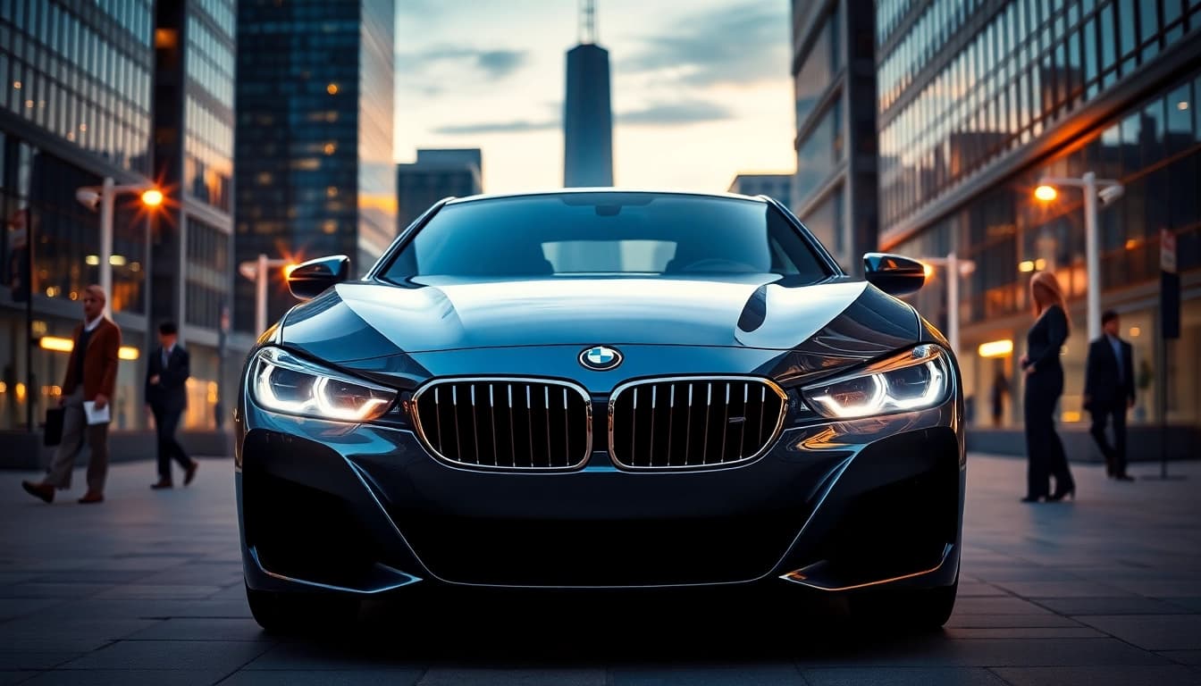 Revealing a luxury BMW car with sleek design amidst a glimmering urban landscape.