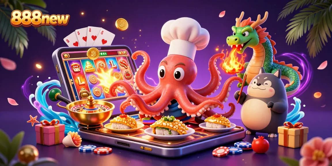 Experience exciting slot games and culinary delights at 888new with a vibrant illustration showcasing a sushi chef octopus and dynamic gaming elements.