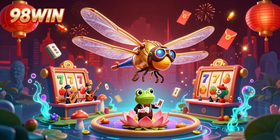 A vibrant 3D illustration showcasing 98WIN casino elements, featuring a dragonfly pilot, frog croupier, and slot games, capturing the essence of online gaming excitement.