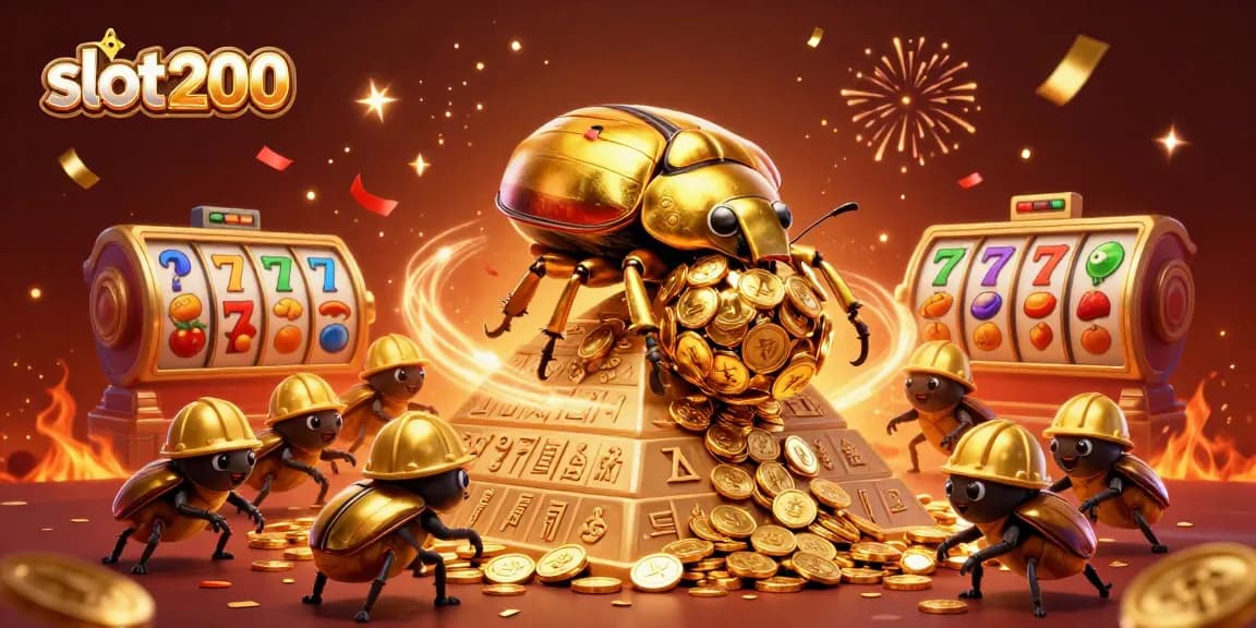Spin to win with slot200's vibrant scene of golden beetles, coins, and dynamic slot themes.