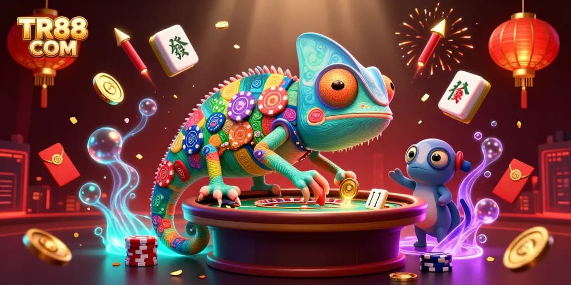 Win big at TR88 COM with a vibrant scene featuring a chameleon casino owner and dynamic gaming elements.