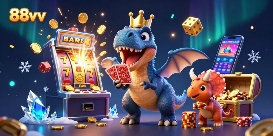 Experience thrilling gameplay at 88vv with a fun-filled scene of dinosaurs playing casino games.