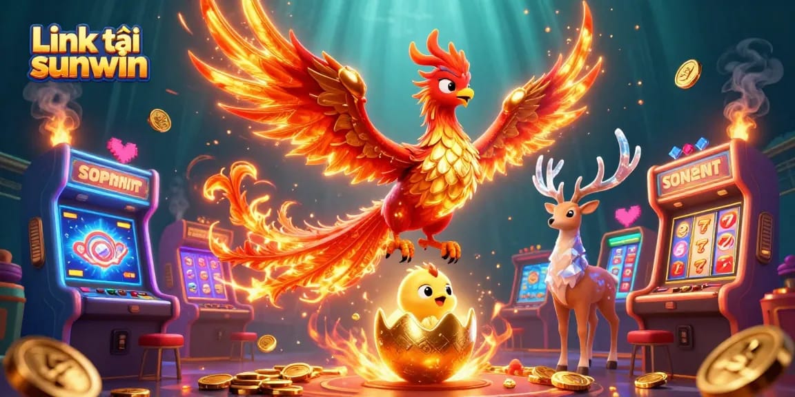 Spin the reels with Link tải sunwin, featuring vibrant phoenix and casino icons in a 3D illustration.