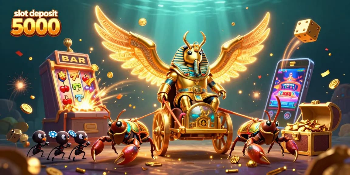 Mainkan slot deposit 5000 dengan simbol keberuntungan terbang dan jackpot bertaburan.