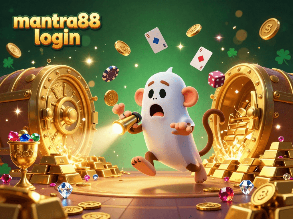 Engage with the mantra88 login as a mischievous poltergeist monkey juggles coins in a vibrant casino scene with golden treasures.