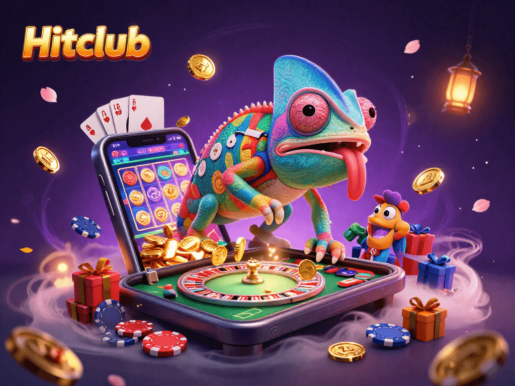 Hitclub casino scene showcasing a vibrant chameleon and dynamic gaming elements.