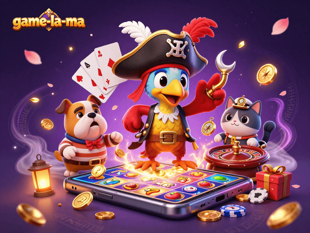 Win big with game-la-ma in this vibrant 3D scene featuring a pirate captain, bulldog, and cat navigating their slots adventure.