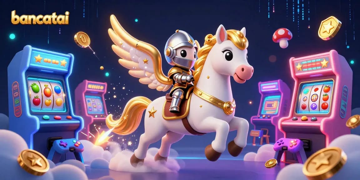 Bancatai unleashes excitement as the knight and celestial horse gallop amidst vibrant slots and glowing arcade games.