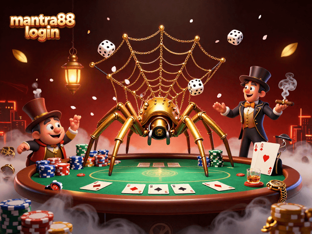 Experience the excitement of mantra88 login in this dynamic steampunk casino scene featuring a golden spider and poker action.