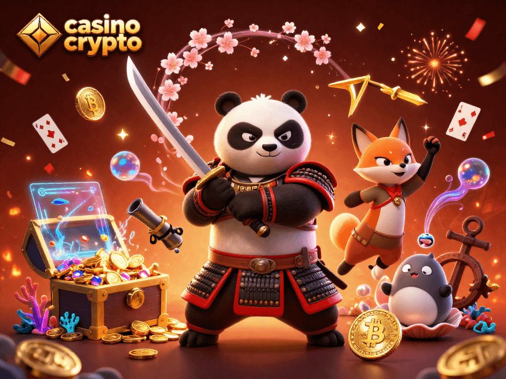 Jouez dans un casino crypto avec nos personnages de samouraï panda, ninja fox et tanuki en pleine action, entourés de pièces Bitcoin et Ethereum.