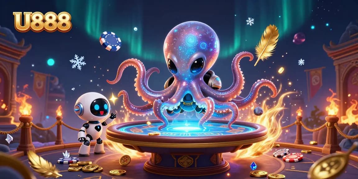 U888 offers a thrilling poker experience with a vibrant alien octopus amid exciting gaming elements.