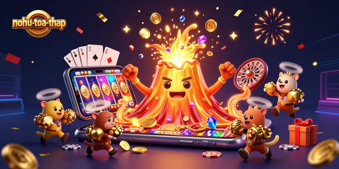 Play to win in the nohu-toa-thap game, with golden volcano and treasure, celebrating casino excitement.