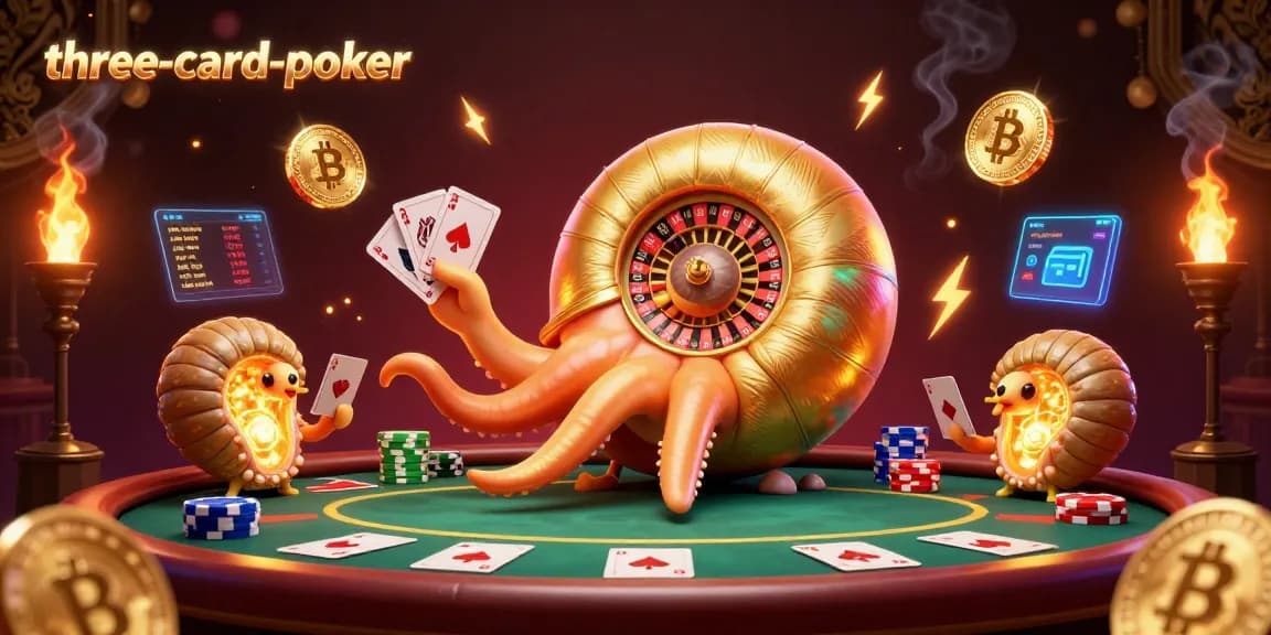 Experience the excitement of three-card-poker with a vibrant 3D scene featuring a nautilus roulette wheel and glowing poker elements.