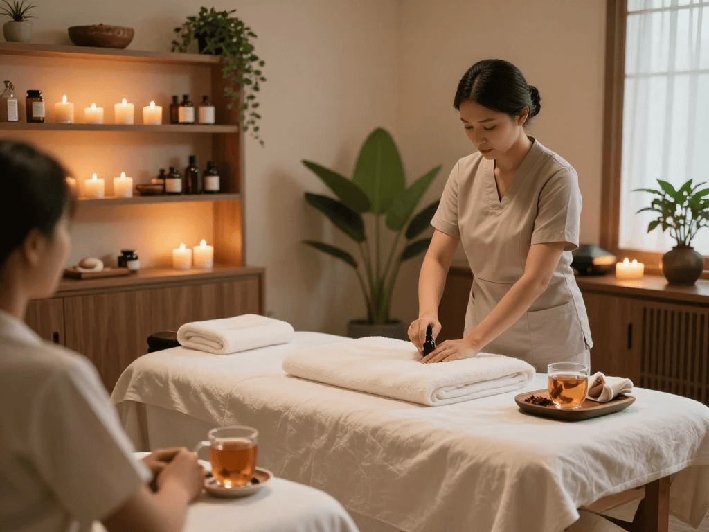 Therapist preparing for a mantra88 massage session in a serene spa setting.