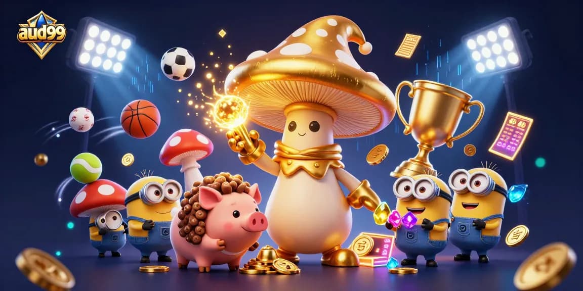 Spin the reels with aud99: a magical wizard and treasure-finding pig in a vibrant casino scene.