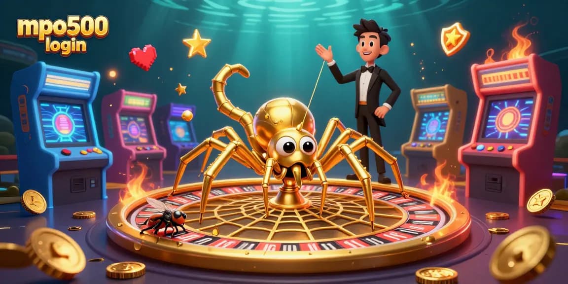 Place your bets with mpo500 login at this dynamic casino scene featuring a golden spider and animated game elements.