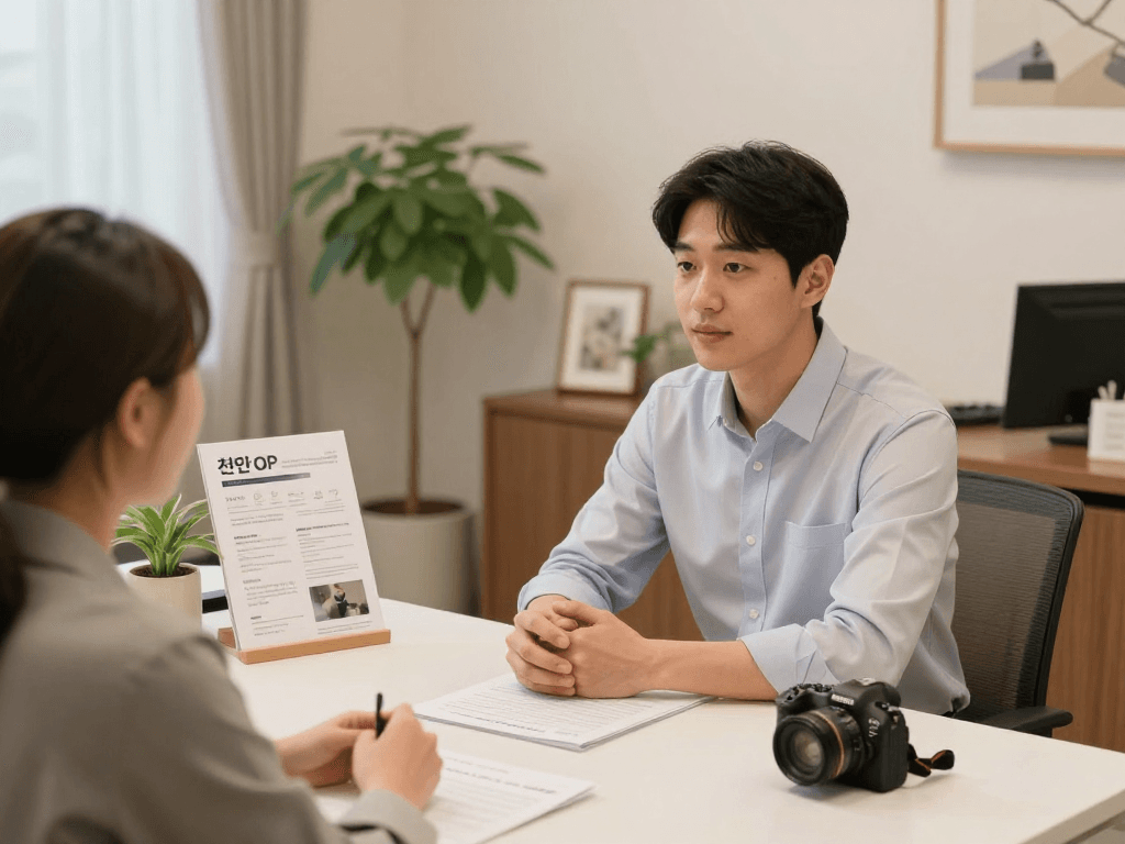 천안OP 서비스에 대한 상담을 받는 남성의 모습, 세련된 사무실 환경.