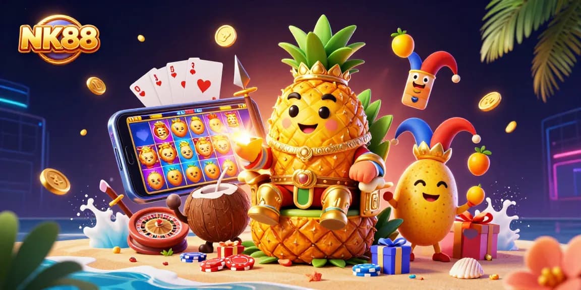 Experience the thrilling world of NK88 with golden casino characters and vibrant slot action.