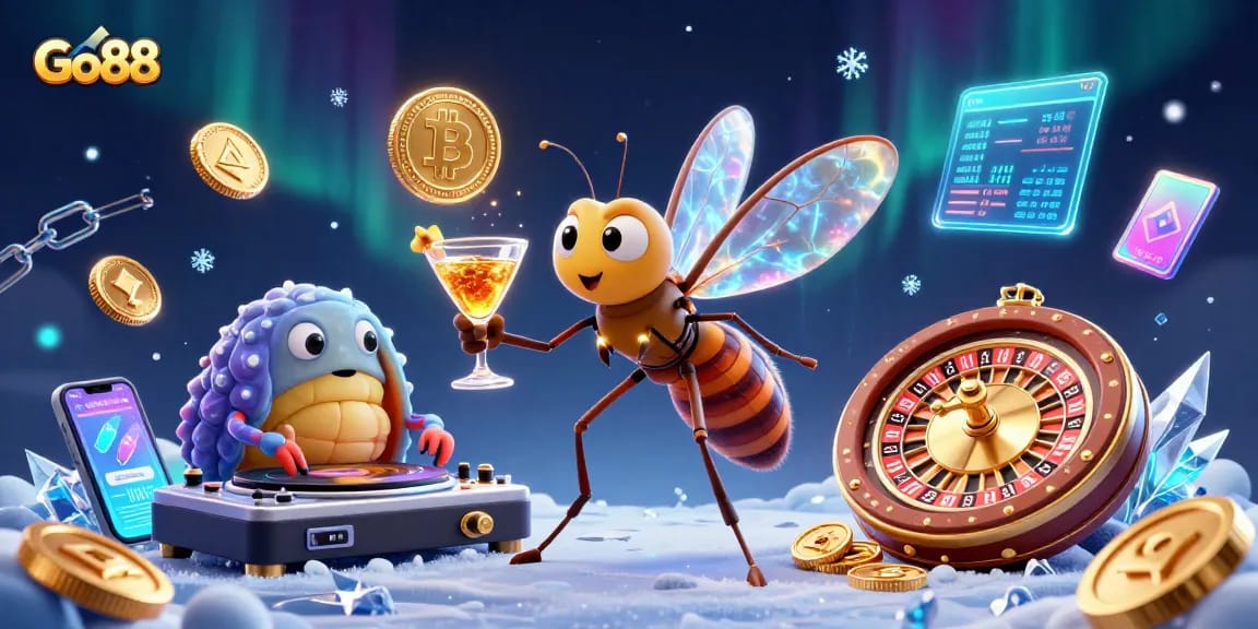 Experience Go88's exciting casino games with vibrant cartoon mascots in a lively setting.