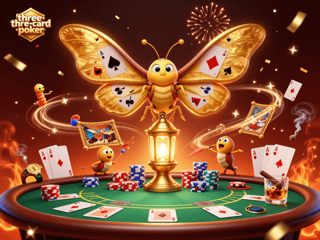 Experience three-card-poker with vibrant casino elements and a majestic moth theme.