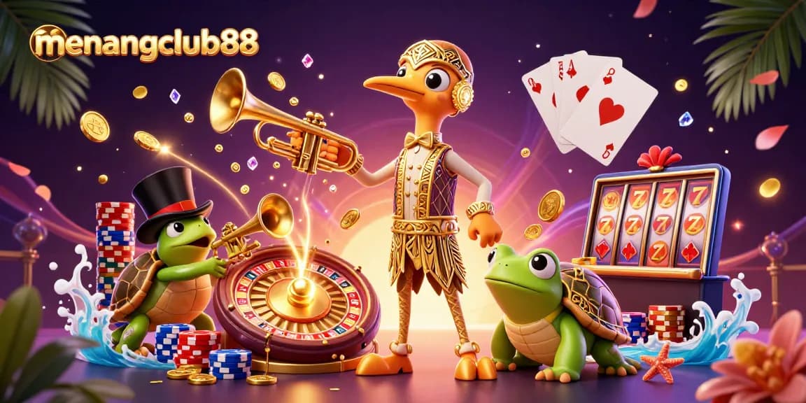 Enjoy gaming action with menangclub88 in a vibrant scene of cartoon characters and casino elements.