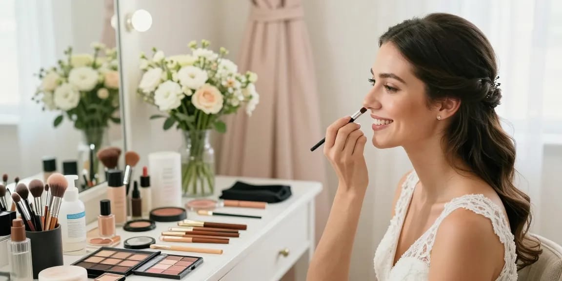 Trucco sposa applicato con cura a una futura sposa in un ambiente luminoso.