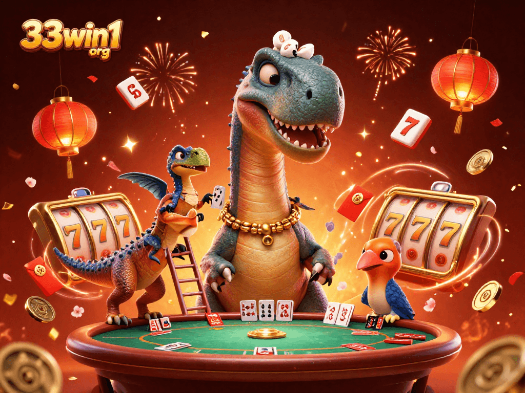 Engage with 33win1 org in a vibrant casino scene featuring animated dinosaurs and a poker table.