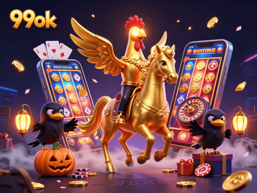 Experience thrilling gaming with 99ok's animated casino scene featuring dynamic slot machines and vibrant characters.