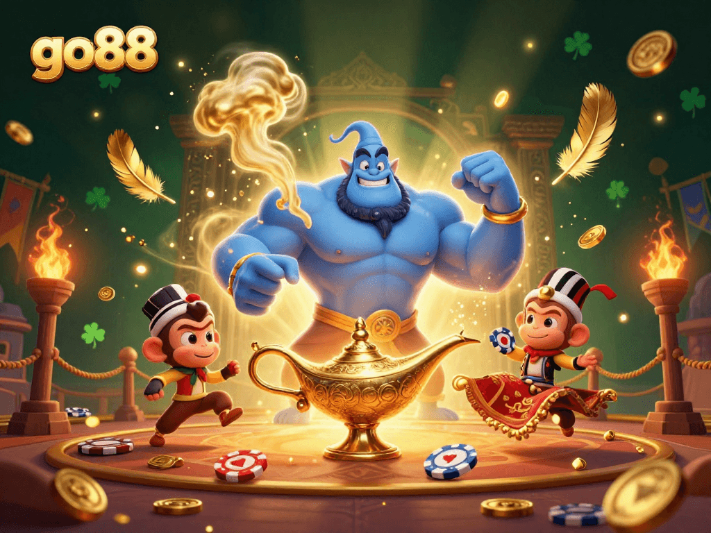 Betting on excitement with go88 while a genie and monkey bring luck in a vibrant casino atmosphere