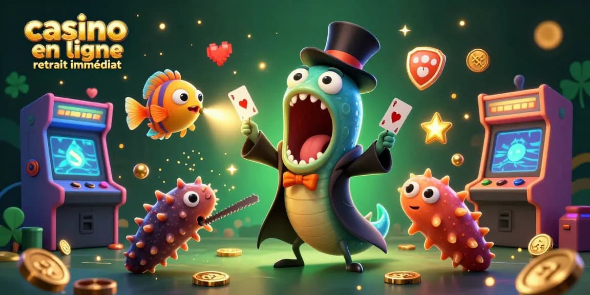 Profitez d'un retrait immédiat sur un casino en ligne avec cette illustration dynamique de jeux et de personnages.