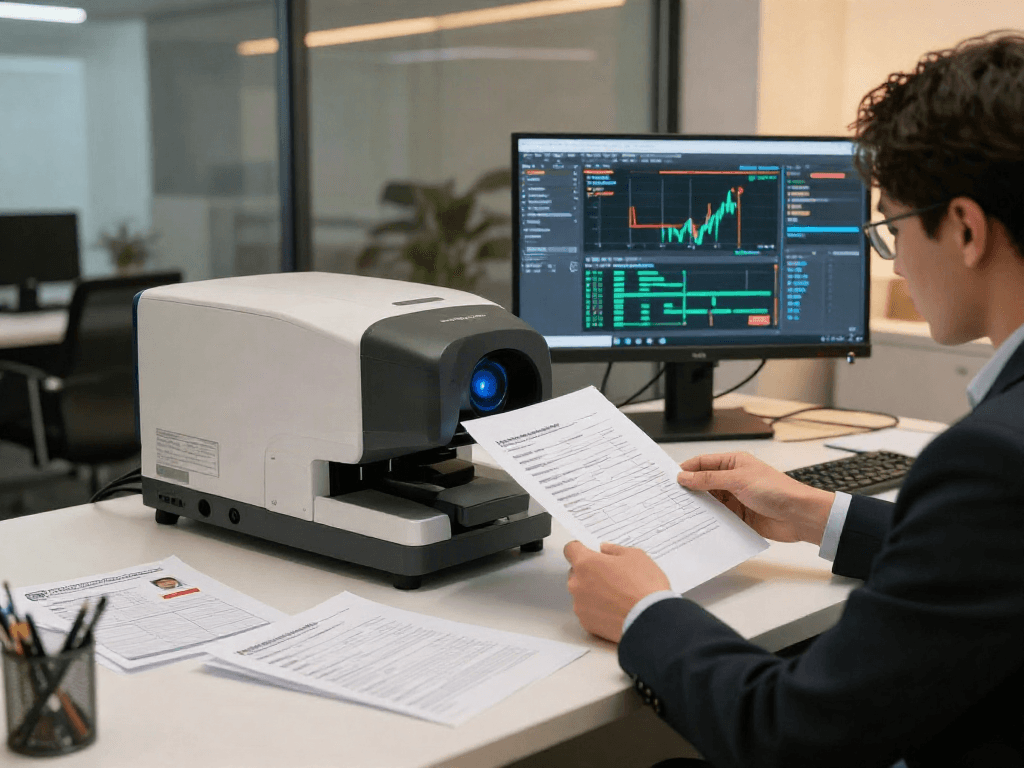 Document fraud detection analyst examining documents with digital tools in modern office