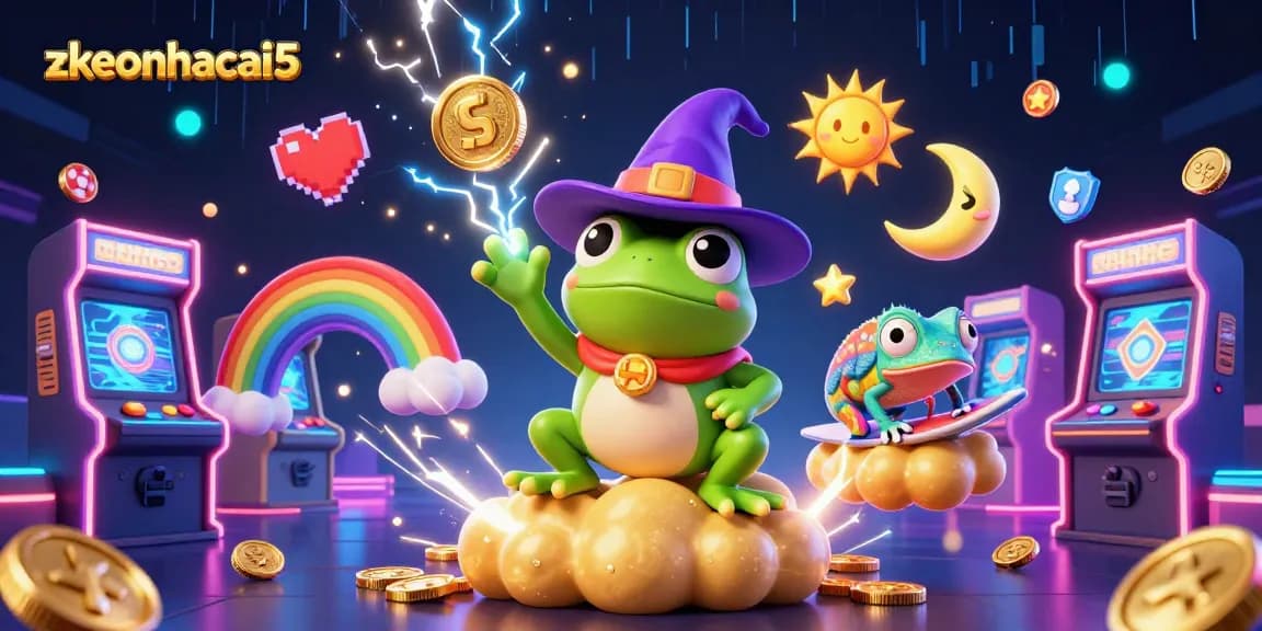 Experience zkeonhacai5 in action as a wizard frog unleashes golden coin storms in stunning detail.