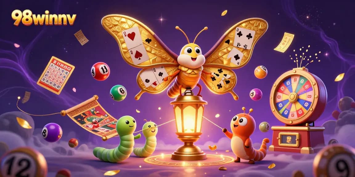 Experience thrilling wins with 98winnv as colorful lottery elements and a stunning moth illuminate the casino world.