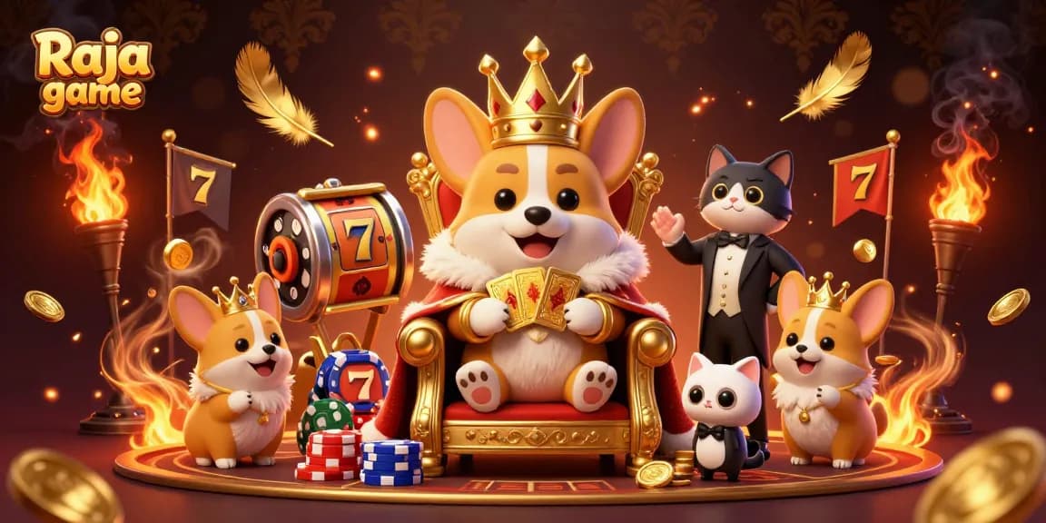 Engage in the dynamic Raja game world with royal corgis, slot reels, and golden rewards!
