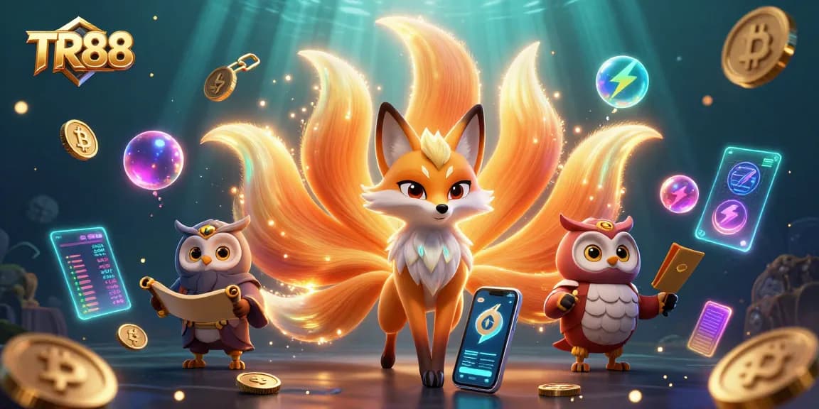 Experience the vibrant world of TR88 with colorful gaming characters and crypto elements.